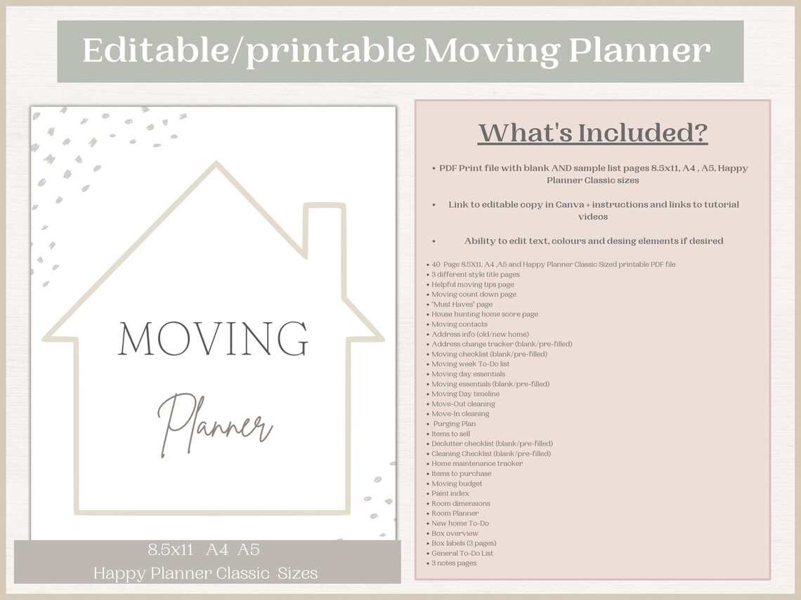 Editable Moving Planner | Moving Checklist | Printable Moving Binder ...