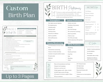 May include: A printable birth plan checklist with sections for atmosphere, labor preferences, exams and monitoring, birth positions, and after birth. The checklist includes a section for mom's info with fields for name, partner's name, doctor, insurance, due date, pregnancy number, and other conditions that might impact birth.