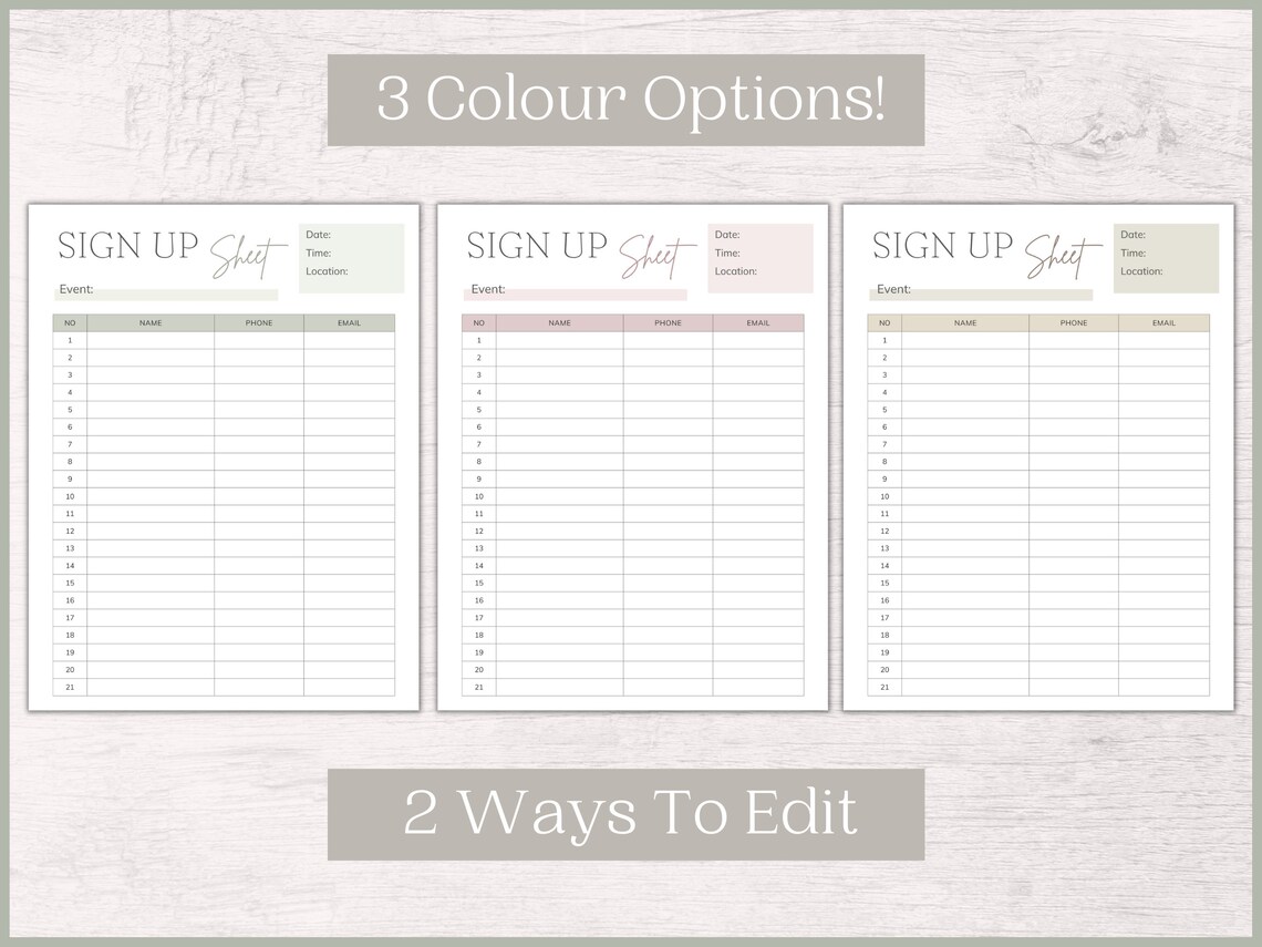 Editable Sign up Sheet Template Printable Sign up Form Contact ...
