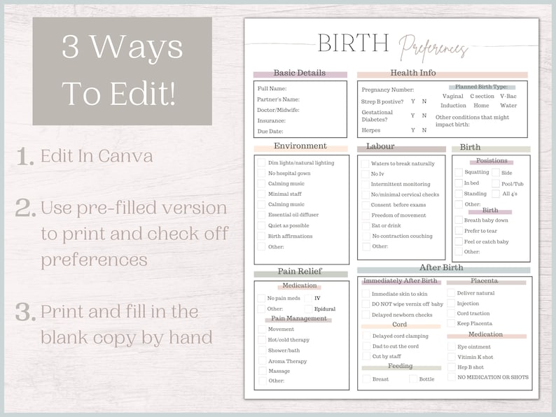Editable Birth Plan Template printable Birth Plan and Etsy