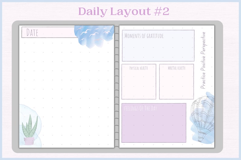 May include: A daily planner page with a dotted grid layout. The page is divided into sections for "Date", "Moments of Gratitude", "Physical Health", "Mental Health", and "Feelings of the Day". The page also includes a motivational quote: "Practice Positive Perspective".