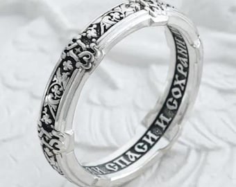 Anello della fede ortodossa orientale in argento 925, fascia di preghiera cristiana, salva e proteggi, regalo religioso, gioielli da chiesa fatti a mano