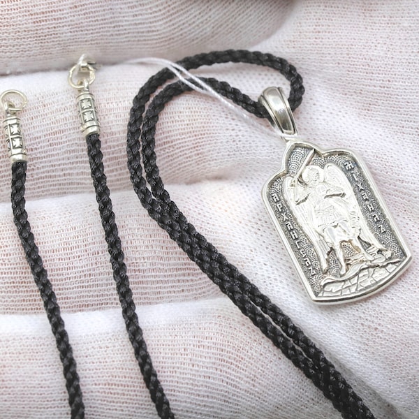 Griechisch-christliches religiöses Körperanhänger-Amulett + schwarzes Seiden-Baumwoll-Halsband-Set. Orthodoxer Schmuck. Retten und schützen Sie das Gebet. Silber 925