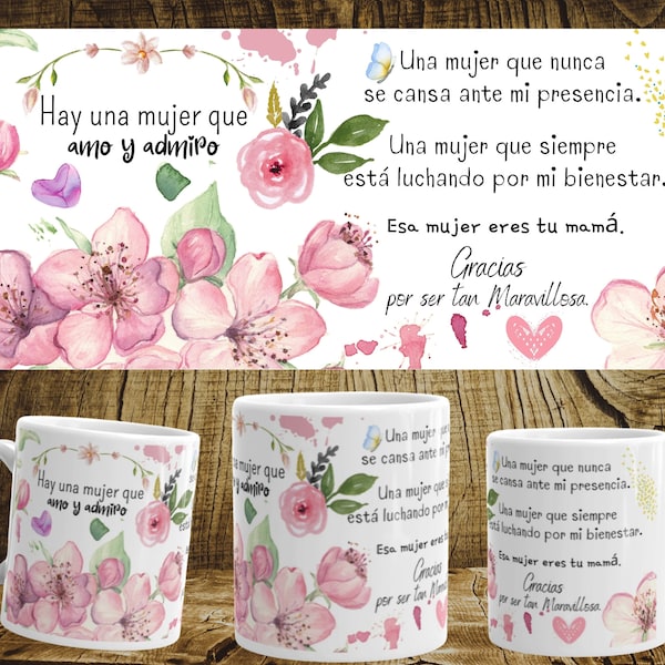 Plantilla para sublimación o transferencia en taza de 11oz para el día de la madre o cumpleaños. Diseño floral con acuarela.