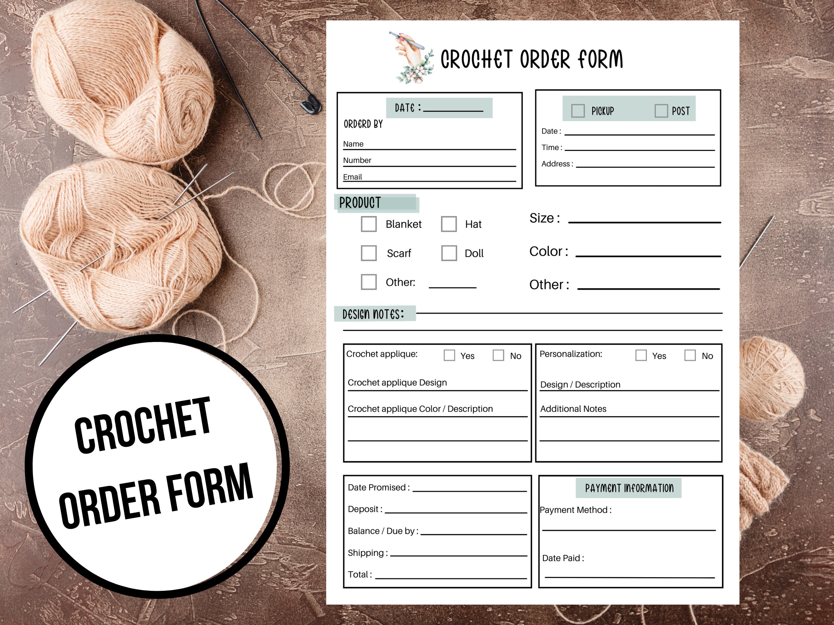PRINTABLE CROCHET ORDER Form Crochet Business Order Form Crochet Small