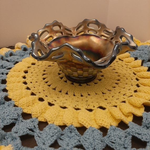 Vintage Fenton Cobalt Blue Carnival Glass Open Edge Basket Weave Round Hat Vase Shallow Dish