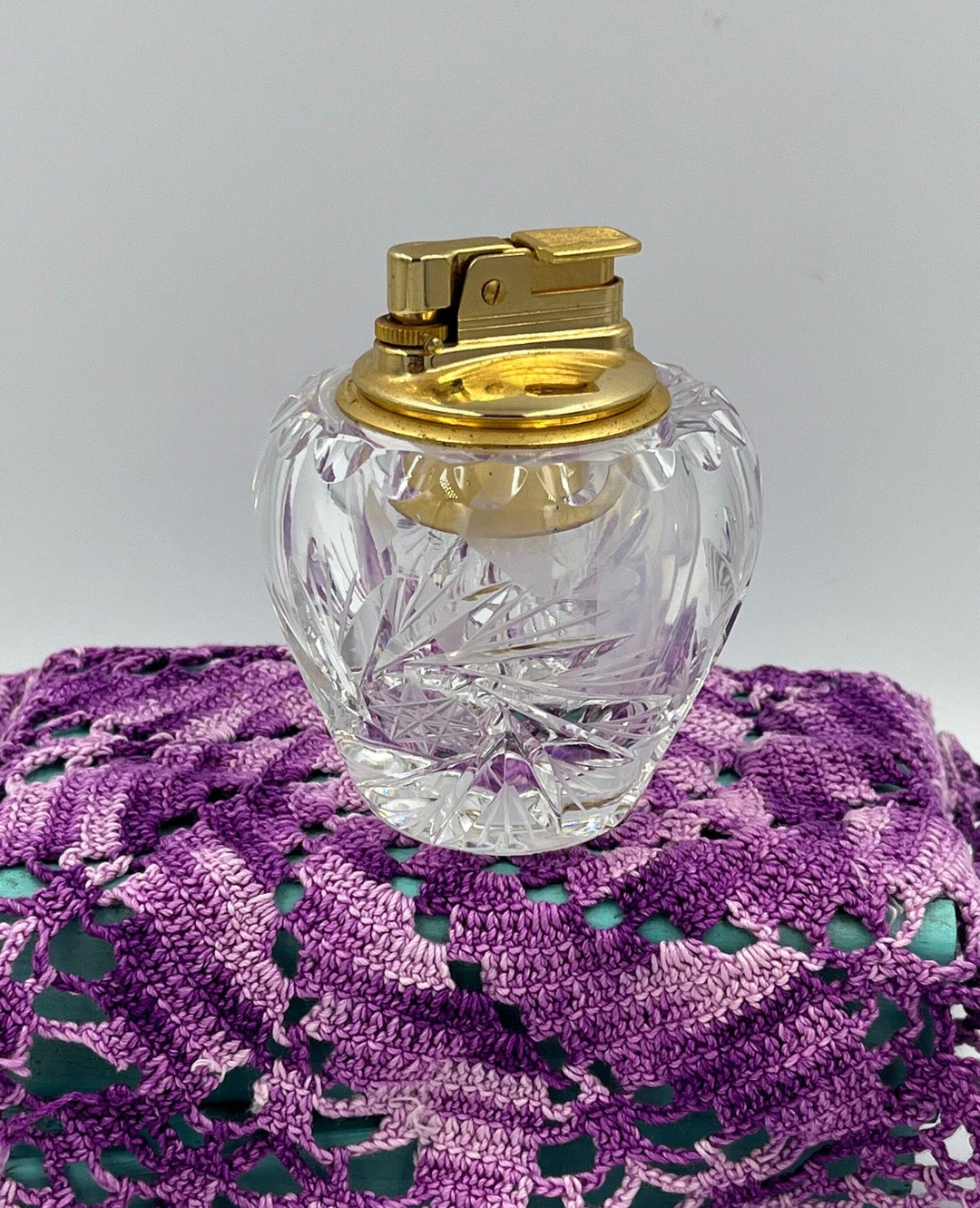 Vintage Cut Crystal Glass Table Lighter With Gold Tone Insert Etsy