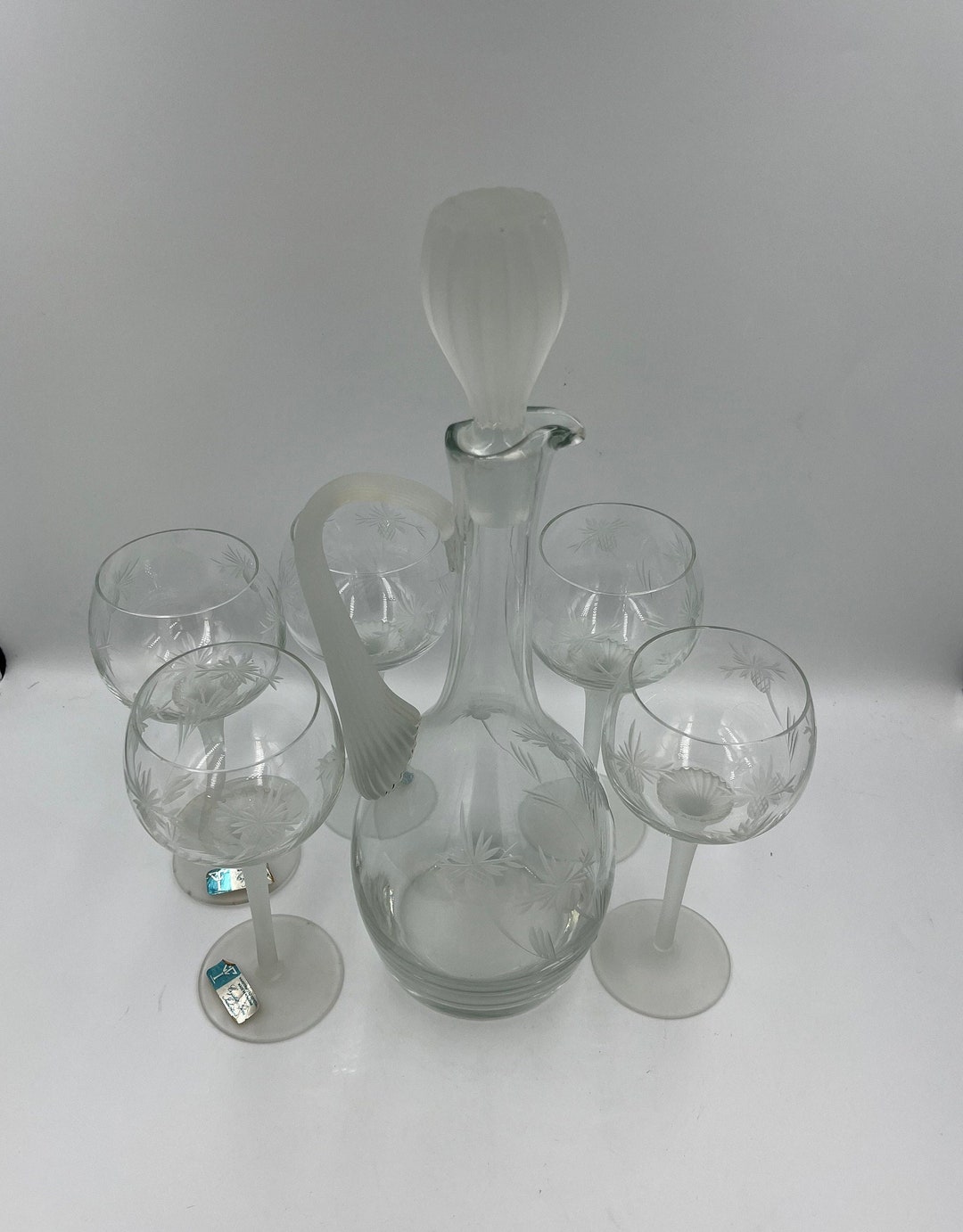 Vintage Romanian Crystal Decanter and 5 Wine Glasses, Crystal Clear