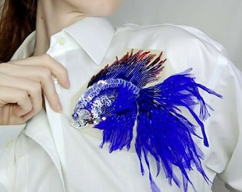 Couture embroidery, Beaded patch clothing Decor, Beaded fish with chiffon, cockerel fish, decoration, Accessory for dress, Prom dress design