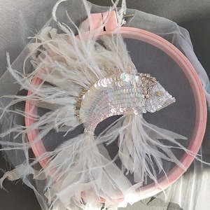 Embroidered white fish patch, Embroidered prom dress decoration with feathers, patch with beads and feathers, couture embroidered patch