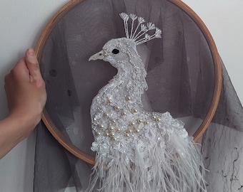 White peacock handmade embroidery Handicraft White bird, Interior decor, Custom Pet Embroidery,decoration for clothes,Embroidery with beads