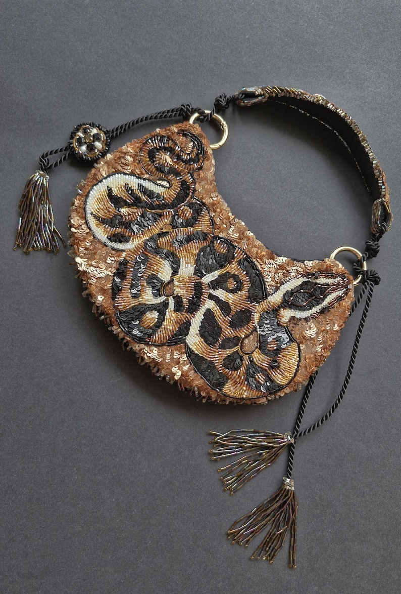 Python handbag. A couture women’s bag, 100% handmade. A handbag made of beads and sequins, custom beaded bag
