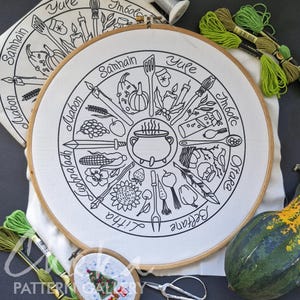 Phenology wheel, an embroidery canvas. Yule, Samhain, Imbolc, Ostra, Wicca. An Embroidery Canvas to Follow the Seasons