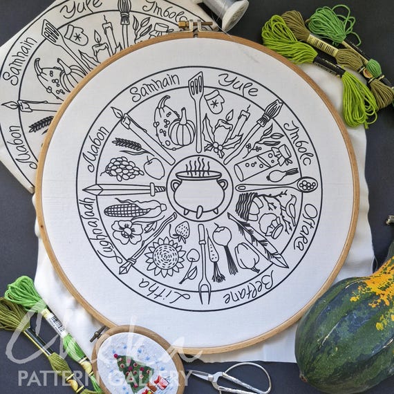Phenology wheel, an embroidery canvas. Yule, Samhain, Imbolc, Ostra, Wicca. An Embroidery Canvas to Follow the Seasons