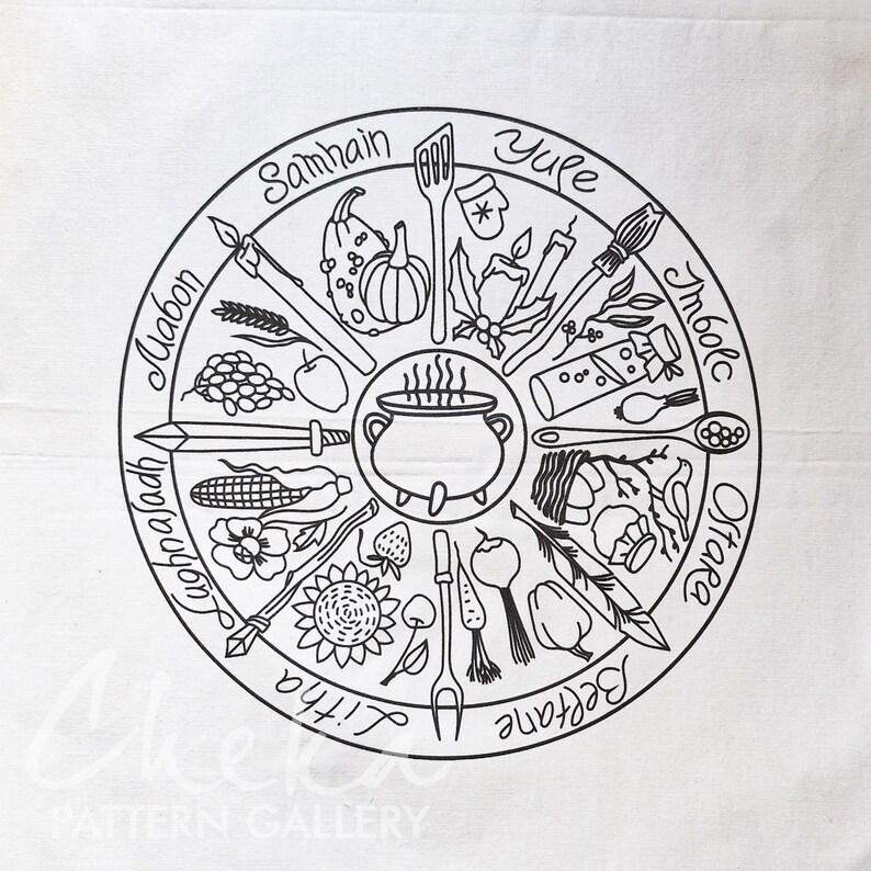Phenology wheel, an embroidery canvas. Yule, Samhain, Imbolc, Ostra, Wicca. An Embroidery Canvas to Follow the Seasons