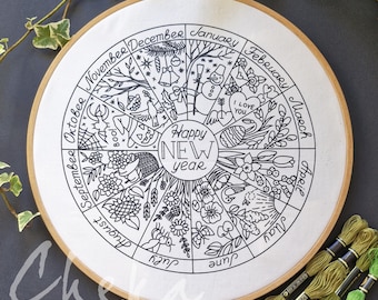 Ruota fenologica Tela, calendario per ricamare le stagioni, anno, mese. Una tela da ricamo per seguire le stagioni