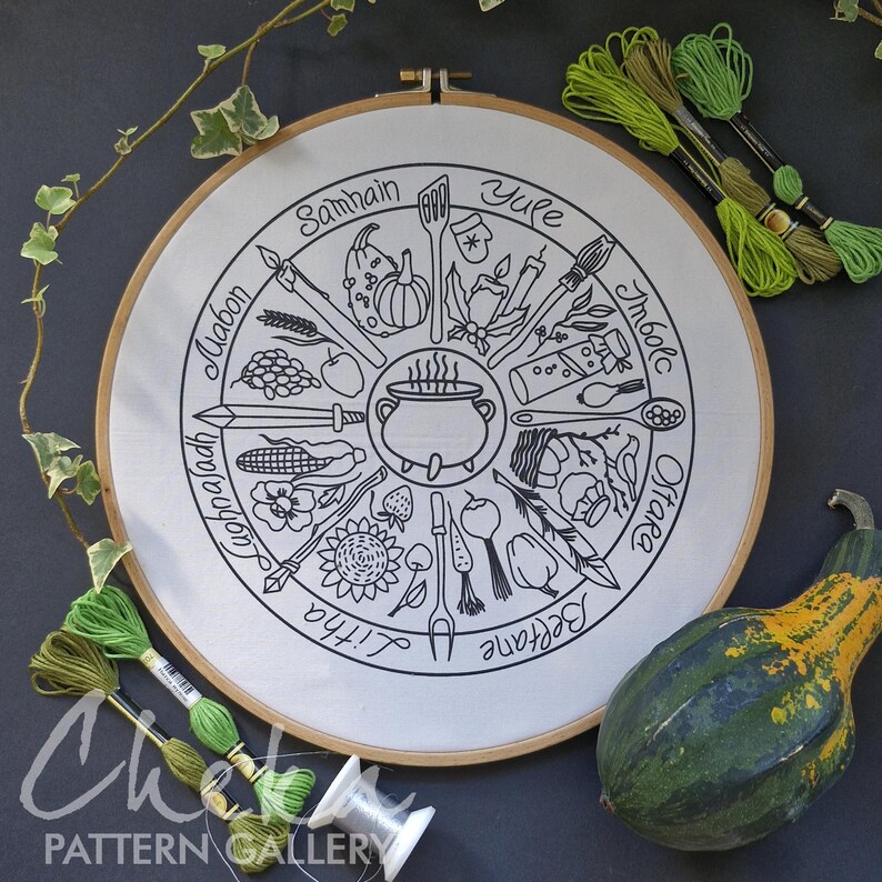 Phenology wheel, an embroidery canvas. Yule, Samhain, Imbolc, Ostra, Wicca. An Embroidery Canvas to Follow the Seasons
