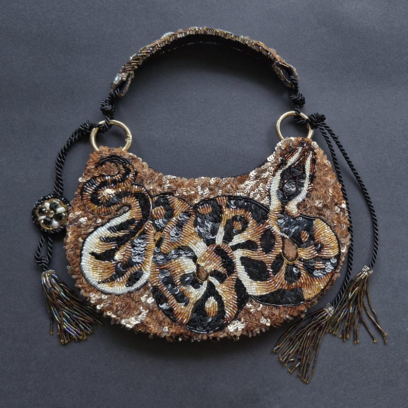 Python handbag. A couture women’s bag, 100% handmade. A handbag made of beads and sequins, custom beaded bag
