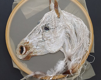 Personalized Pet Portrait with beads and sequins, Embroidered horse portrait, Interior decor gift, Customized Embroidered Pet  Portrait