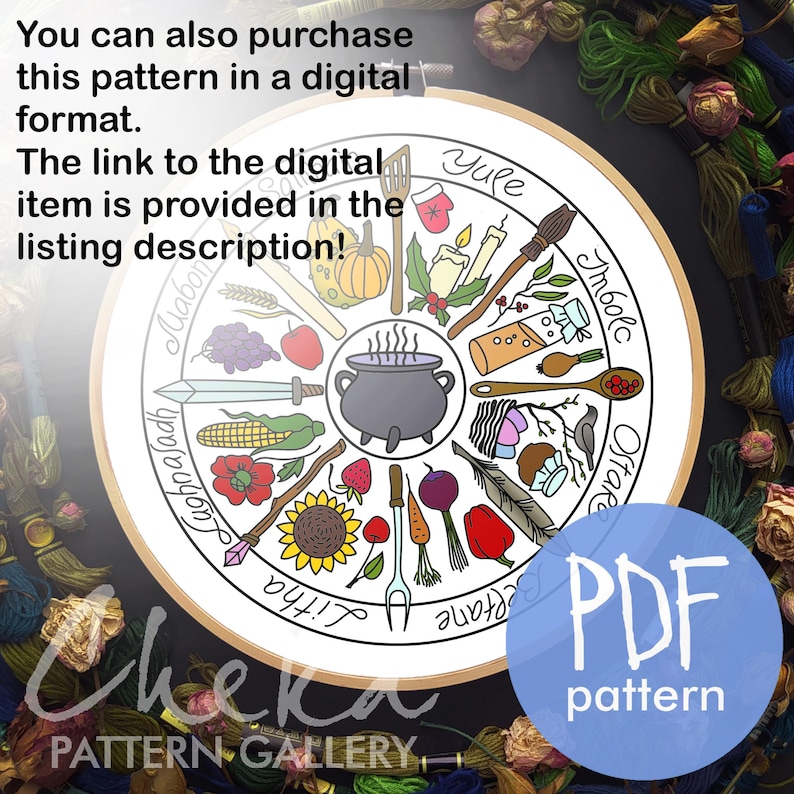 Phenology wheel, an embroidery canvas. Yule, Samhain, Imbolc, Ostra, Wicca. An Embroidery Canvas to Follow the Seasons