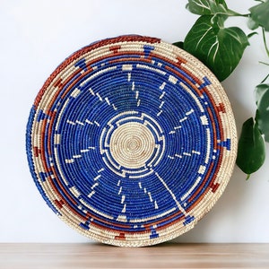 Bohemian Vintage Handmade Woven Basket African Made Round Basket with Neutral/Red and Blue Spiral Pattern/Boho Basket Wall/Decor 13”Dia