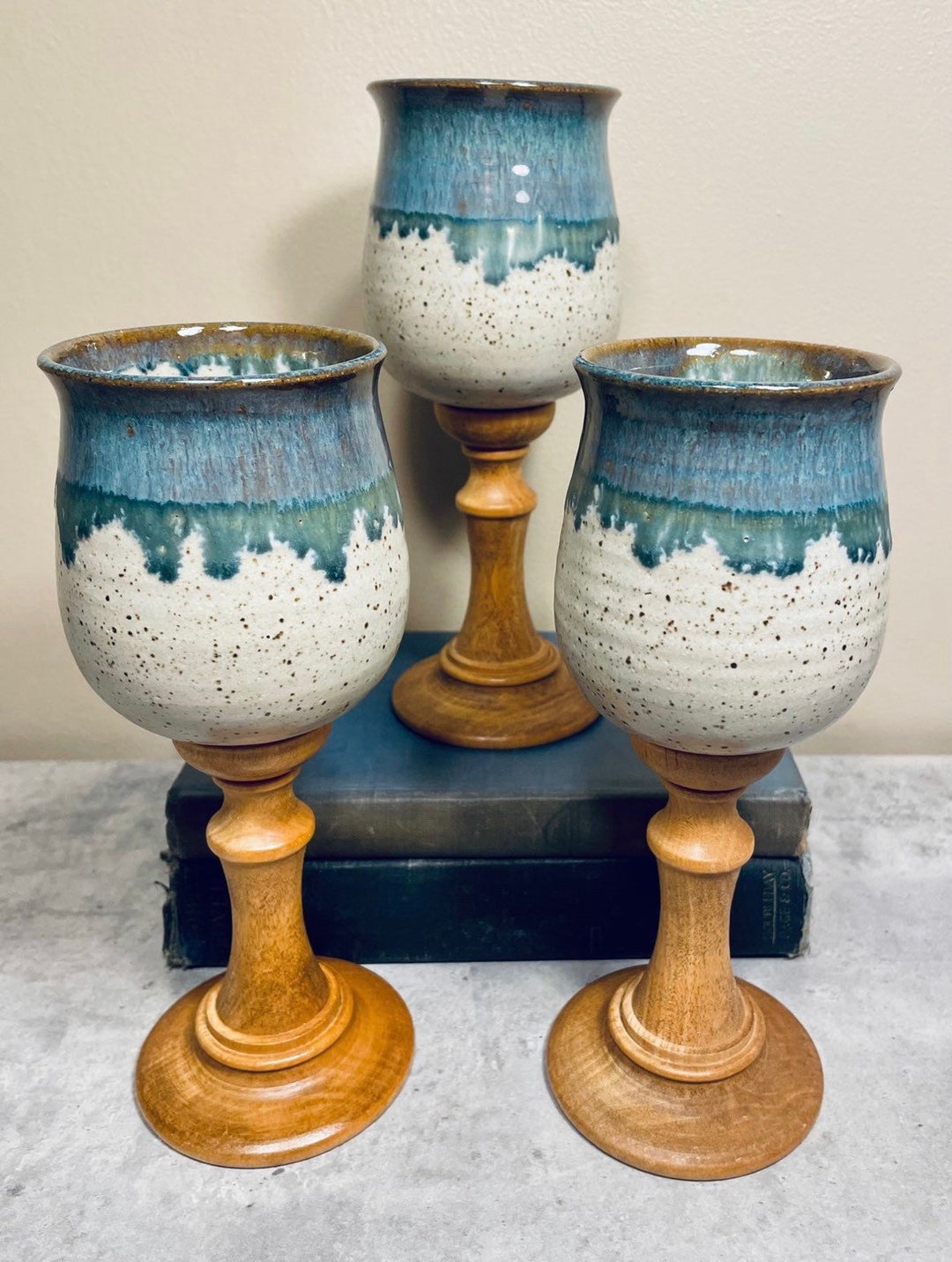 Set of 3 Studio Pottery Goblets With Wood Pedestals Etsy