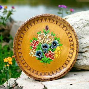 Gorgeous Vintage Handmade Carved Wooden Plate/Wall Hanging Plate Wood Burned Detail and Handpainted Vibrant Flowers, Austria Folk Art 10”Dia