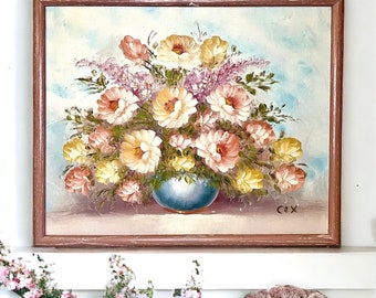 Stunning Vintage 1970-1980 Original Oil Painting by Robert Cox/Oil on Canvas Still Life Floral Bouquet in Vase/Distressed Pink Frame 21"x17"