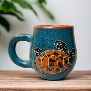 Cute Vintage Handmade Nicaraguan Pottery Coffee Mug with Handpainted and Etched Turtle and Fish Sealife Designs, Double Sided/Nautical 4" T