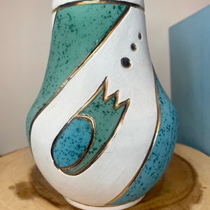 Vintage 1980s Mid Century Modern Style Marble Canyon Pottery Vase with Atomic Design in Aqua/Teal Blue and Vibrant Gold Accents MCM 6T image 2