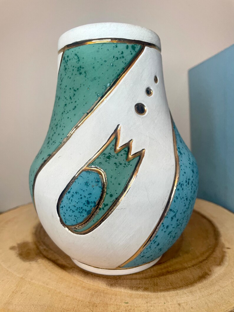 Vintage 1980s Mid Century Modern Style Marble Canyon Pottery Vase with Atomic Design in Aqua/Teal Blue and Vibrant Gold Accents MCM 6T image 2