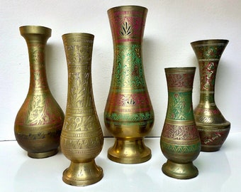 Bohemian Vintage Mixed Set of 5 Solid Brass Vases with Intricately Etched/Colored Designs/Made in India/Sold As Set or Separately Boho Decor