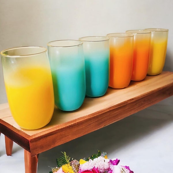 Beautiful Vintage Set of 6 Blendo Drinkware Multicolored Tumbler Drinking Glasses Blue/Orange Ombre with Gold Rims 12oz 4.75”t