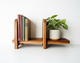 Vintage Mid Century Modern Handmade Wooden Sliding Book Organizer/Mixed Wood Teak & Oak/Book Shelf/Bookends/Boho Cottagecore Decor/17”Long