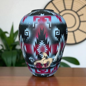 LARGE Vintage Handmade Southwest Navajo Pottery Vase with Airbrush Painted Designs of Mountains/Eagle/Man on Horse/Tribal/By F. Warren/10”T