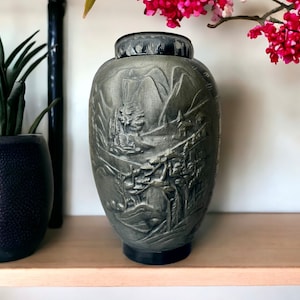 Unique Vintage Black and Gray Ceramic Ginger Jar with Raised Designs of Mountains and Village Landscapes, Rare Japanese Decor 6.5&quot;T 4.5&quot;W