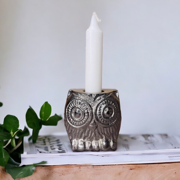 Vintage Boho Owl Cast Metal Single Candlestick Holder with Textured Body and Felt Base, Boho Home Decor/Owl Lover Gift Ideas/Metal Owl 2.5"T