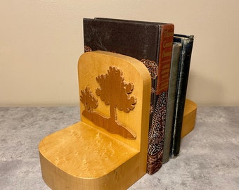 Beautiful Handmade/Hand Carved Birds Eye Maple Wood Book Ends with 3D Tree Design Canada 6.5" tall/5" wide/ Wooden Book Ends Neutral Decor