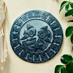 Vintage Handmade Mayan Aztec Zodiac Calendar on Circular Black Soapstone/Slate Hand Carved in Belize with Fish/Mexican Pottery Wall Hanging