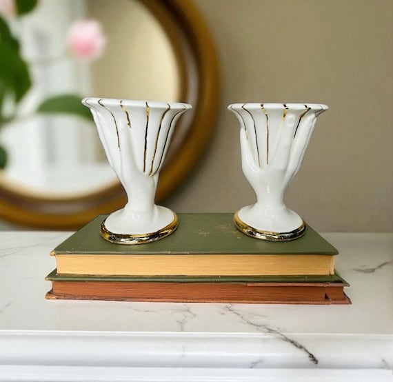 Vintage Pair of White Delicate Porcelain Small Hand Vases/Mini Vessels w/Handpainted Gold Accents/Figurines/Victorian/Bookshelf Decor/3”T