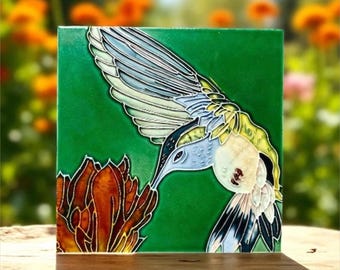 Vintage Handmade Ceramic Decorative Tile with Colored Enamel Hummingbird and Flower Design with Green Background/Wall Art/Gallery Wall/6”Sq