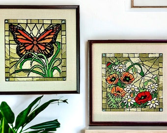 Gorgeous Vintage Pair of Handmade Crewels, Monarch Butterfly and Red/Orange Poppy Flowers and Daisies Framed Vintage Art Gallery Wall Decor