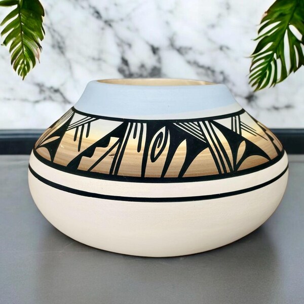 Vintage Handmade Navajo/Mesa Verde Pottery Vase/Squat Vase w/Handpainted Light Blue/Yellow Ombre & Black Designs/Southwest Decor/6.75”Dia