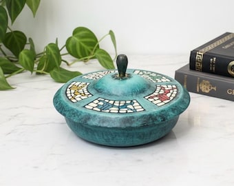 Vintage Mid Century Modern 1960’s Brass and Metal Lidded Tin Box/Catchall Made in Israel Hakishut/Verdigris Teal w/Greek Dog Designs on Lid