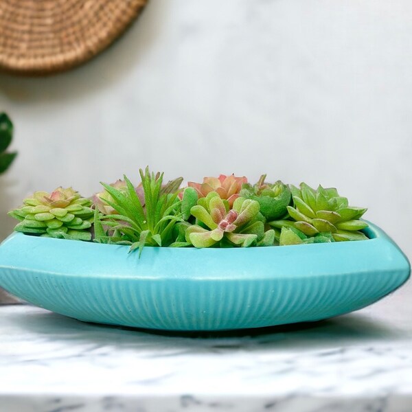 Stunning MCM Vintage McCoy Pottery Planter in Aqua Blue with Textured Ribbed Details Boho Chic Natural Decor Table Decor Succulents 10”L