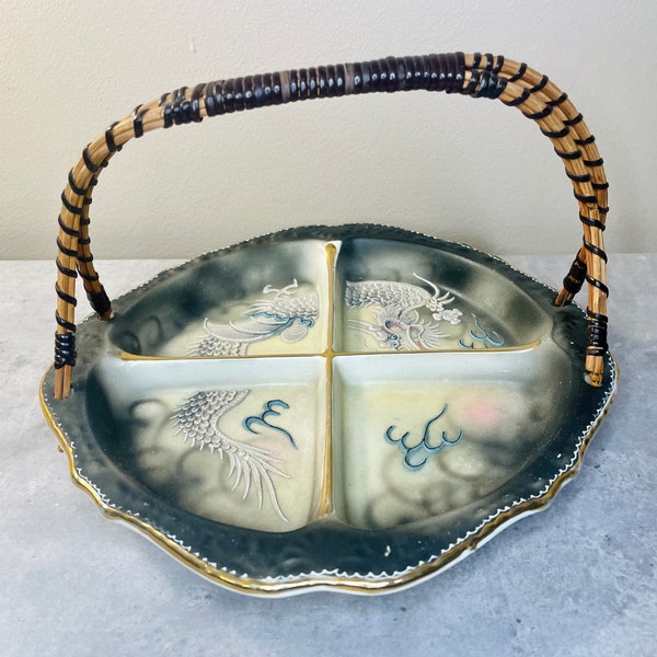 Stunning Vintage Rare Moriage Dragonware Porcelain Divided Dish with Rattan Handle Handpainted Japanese Dragon Design Smokey Gray/9.5”d 6”t