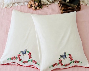 Vintage Pair of Cotton Pillowcases w/Embroidered Butterflies & Pink Rose Floral Designs and Frilly Accents/Bedding/Boho Cottagecore/21Wx29”L