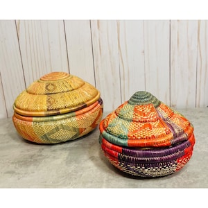 Beautiful Handmade Boho Style Vintage Hand Woven Spiral Baskets/5.5&quot; Tall and 4.5&quot; Tall/Boho Woven Lidded Baskets/Vessel Colorful Eclectic