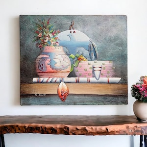 Amazing Vintage Original Charles Benolt Oil Painting 3D Textured Still Life of Native American/Navajo Pottery/Tribal Pots/Southwest 24x20”