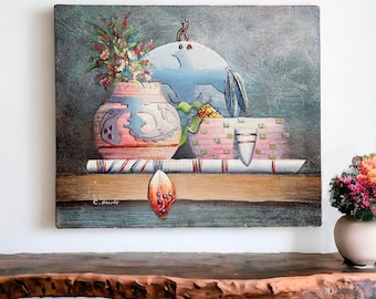 Amazing Vintage Original Charles Benolt Oil Painting 3D Textured Still Life of Native American/Navajo Pottery/Tribal Pots/Southwest 24x20”